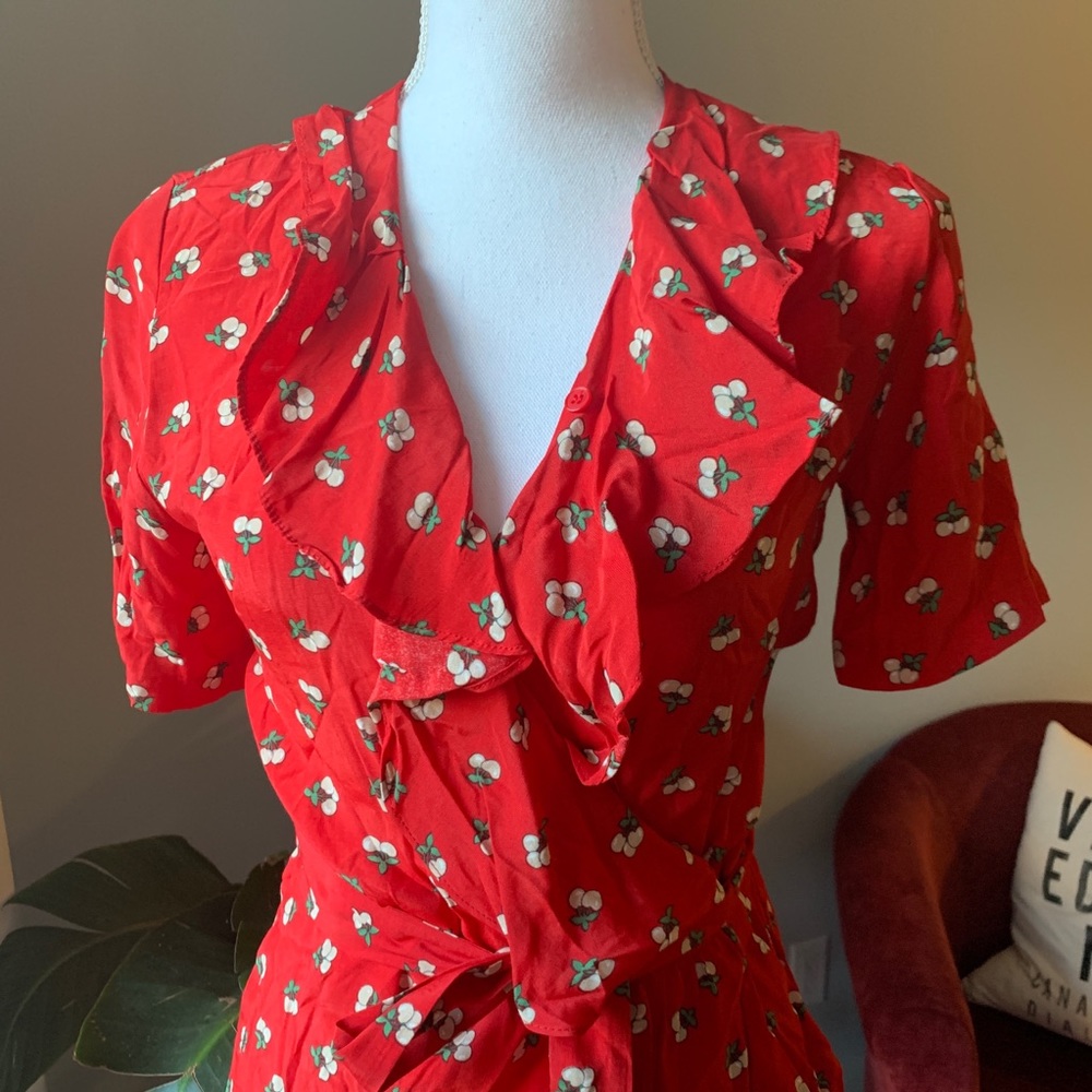 Red cherry print wrap dress purchased at Korea